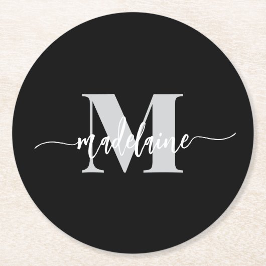 Monogram zwart zilver wit persoonlijk ronde kartonnen onderzetter (Voorkant)