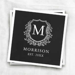 Monogram Zwarte Crest Moderne Botanische Bruiloft Servet