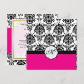Monogram/Zwarte Damask/Hot Pink Wedding Invitting Kaart (Voorkant / Achterkant)