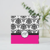 Monogram/Zwarte Damask/Hot Pink Wedding Invitting Kaart (Staand voorkant)