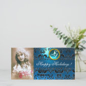 MONogram ZWARTE EN BLAUWE DAMASKSapphire Feestdagenkaart (Staand voorkant)