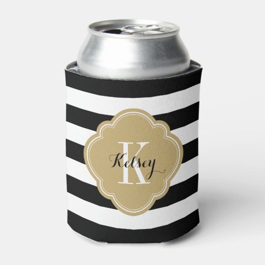 Monogram zwarte en goudpreppy Stripes Blikjeskoeler (Blikje Voorkant)