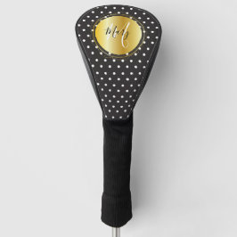 Monogram zwarte en goudwitte polka-stippen op zwar golfheadcover