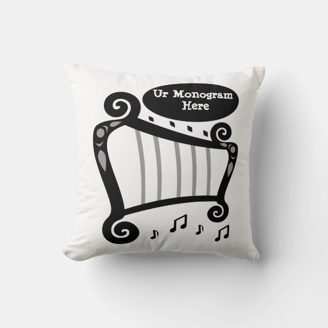 Monogram zwarte en witte harp kussen (Voorkant)