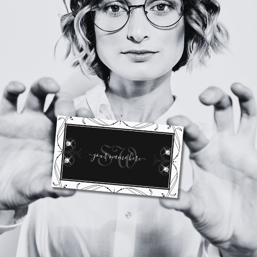 Monogram zwarte en witte mousserende diamanten visitekaartje