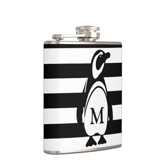 Monogram zwarte en witte pinguïn en stripes heupfles (Rechts)
