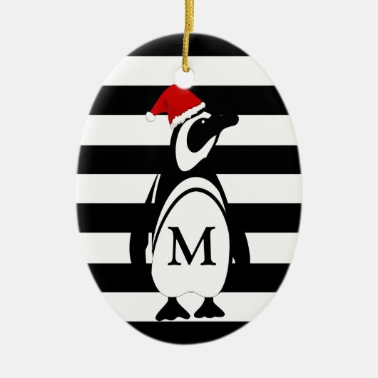 Monogram zwarte en witte pinguïn en stripes keramisch ornament (Voorkant)