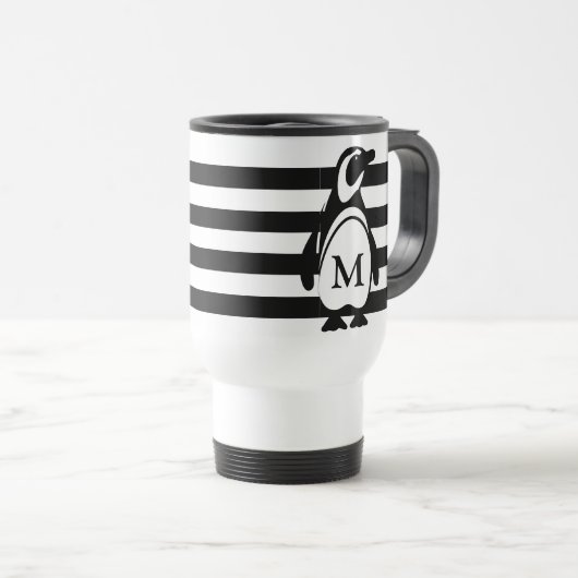 Monogram zwarte en witte pinguïn en stripes reisbeker (Voorkant rechts)
