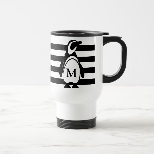 Monogram zwarte en witte pinguïn en stripes reisbeker (Rechts)