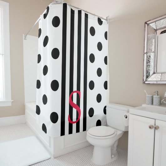 Monogram zwarte en witte streep en Poolse stippen Douchegordijn (In situ)