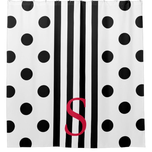 Monogram zwarte en witte streep en Poolse stippen Douchegordijn (Voorkant)