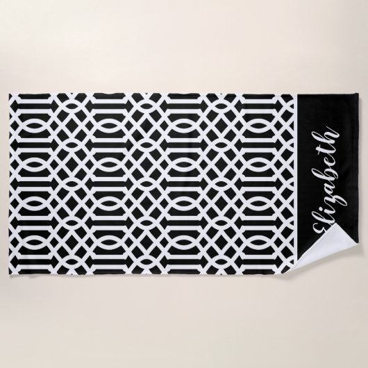Monogram zwarte en witte Trellis | bewerkbare kleu Strandlaken (Voorkant)