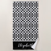 Monogram zwarte en witte Trellis | bewerkbare kleu Strandlaken (Voorkant)
