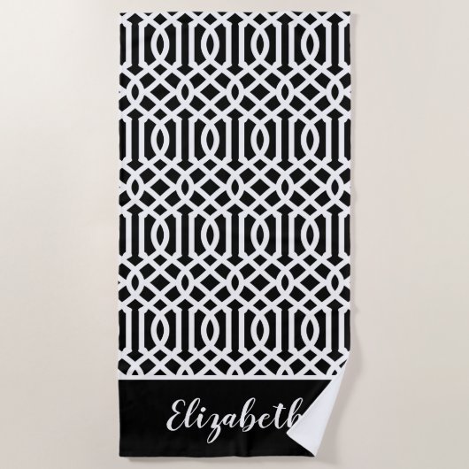 Monogram zwarte en witte Trellis | bewerkbare kleu Strandlaken (Voorkant)