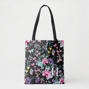 Monogram zwarte Floral en vlinder Draagtas
