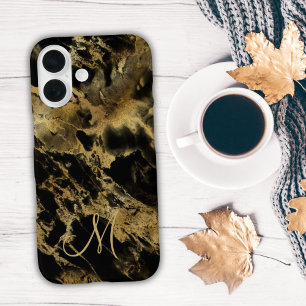 Monogram Zwarte Goud Marmer Aquarel Alcoholinkt iPhone 16 Hoesje