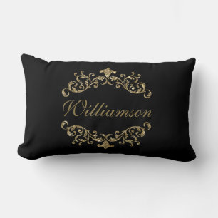 Monogram Zwarte Gouden Glitter Bloemrijke Damast W Kussen
