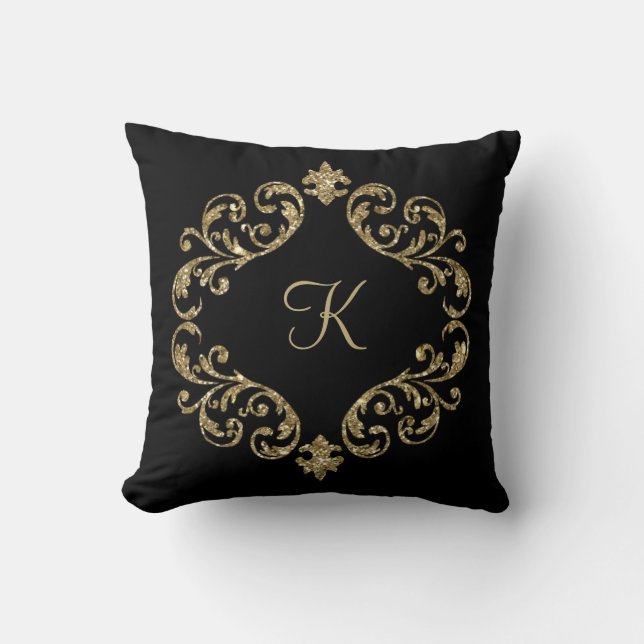 Monogram Zwarte Gouden Glitter Damast Bloeiende Sp Kussen (Voorkant)