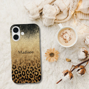Monogram Zwarte Gouden Glitter Luipaardprint iPhone 16 Hoesje