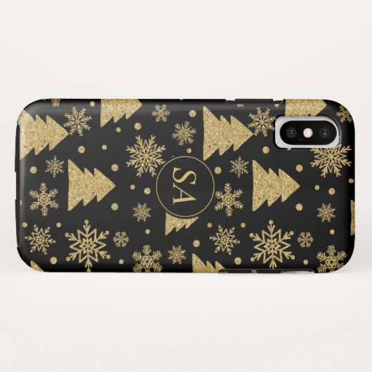 Monogram zwarte gouden kerstboomschilfers Case-Mate iPhone case (Achterkant (horizontaal))