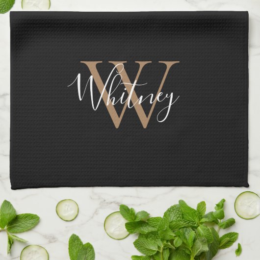 Monogram zwarte gouden scriptnaam theedoek (Gevouwen)