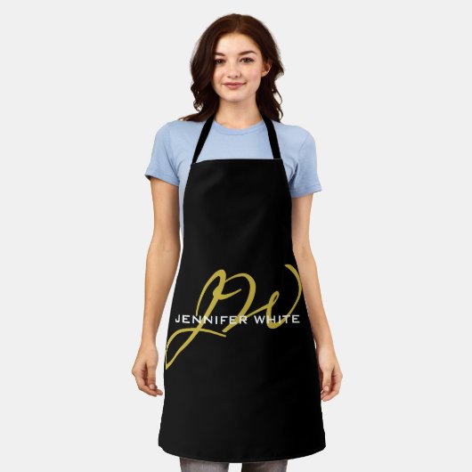 Monogram zwarte goudkleur Gewoon Moderne Naam Schort (Gedragen)