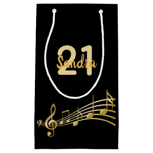 Monogram zwarte goudmuzieknoten op jaardag klein cadeauzakje (Voorkant)