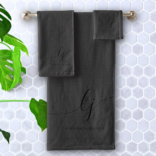 Monogram Zwarte Kalligrafie Elegant Minimaal Chic Bad Handdoek