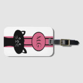 Monogram zwarte kat en roze band bagagelabel (Voorkant (horizontaal))