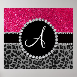 Monogram zwarte luipaard roze glitter poster