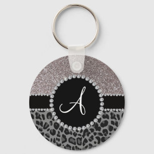 Monogram zwarte luipaard zilverglitter sleutelhanger