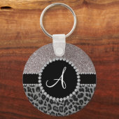 Monogram zwarte luipaard zilverglitter sleutelhanger (Voorkant)