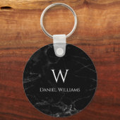 Monogram Zwarte marmer Modern White Initiaal Naam Sleutelhanger (Voorkant)