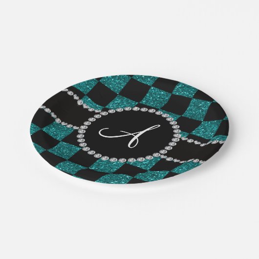 Monogram zwarte turquoise glitter checkers papieren bordje (Gekanteld)