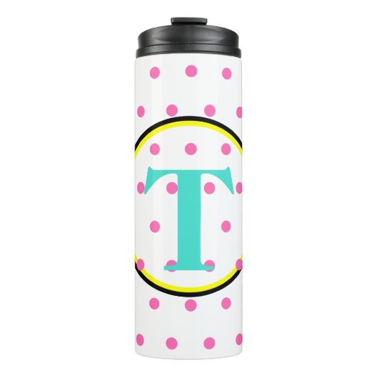 Monogram Zwarte Turquoise Roze Stippen Thermosbeker (Voorkant)
