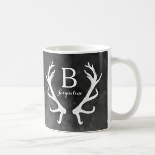 Monogram zwarte Waterverf en Rustic Deer Antlers Koffiemok