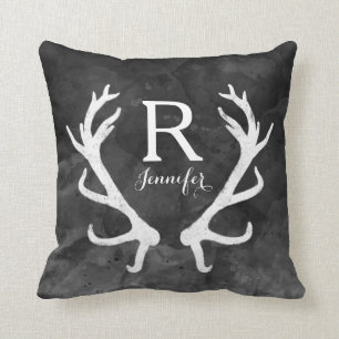 Monogram zwarte Waterverf en Rustic Deer Antlers Kussen