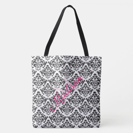 Monogram zwarte witte Damask Trendy Cute Girly Draagtas (Voorkant)