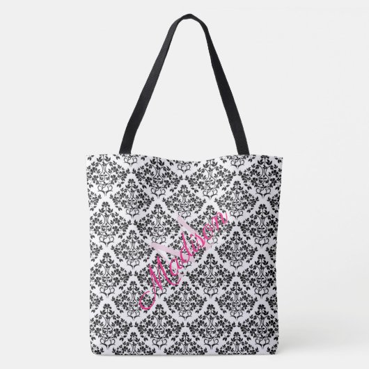 Monogram zwarte witte Damask Trendy Cute Girly Draagtas (Achterkant)