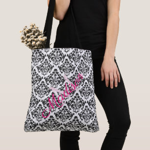 Monogram zwarte witte Damask Trendy Cute Girly Draagtas