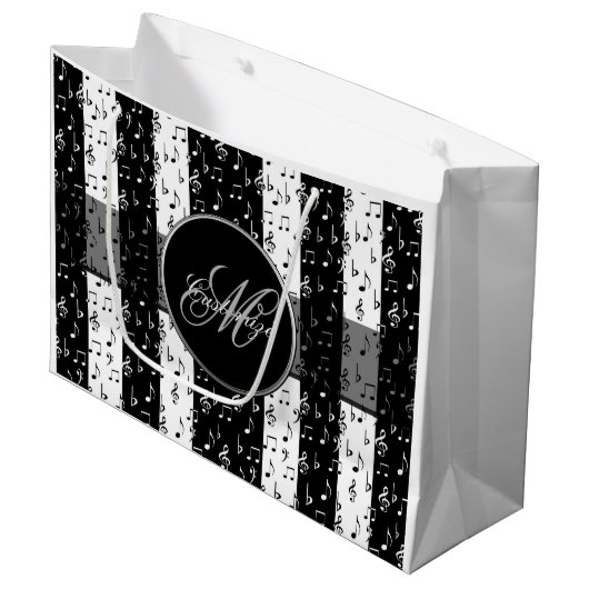 Monogram zwarte & witte muziekstrips Grote tas Large Cadeautasje (Voorkant Gekanteld)