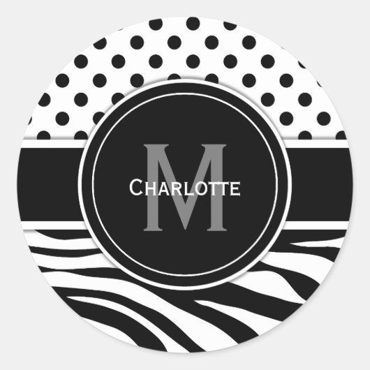 Monogram zwarte witte poka Dots en Zebra Stripes Ronde Sticker (Voorkant)