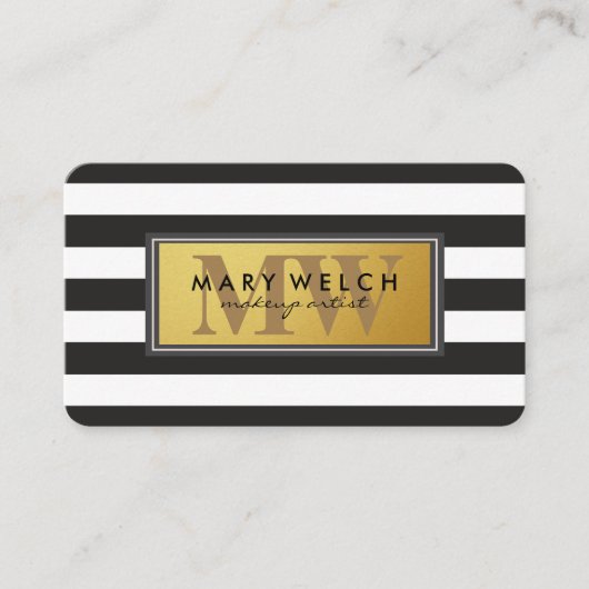 Monogram zwarte witte strepen afsprakenkaartje (Voorkant)