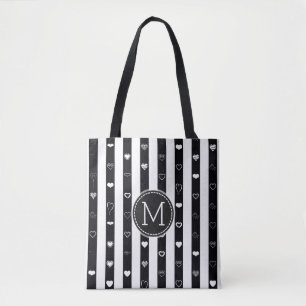 Monogram Zwarte Witte Strepen Modern Hartpatroon Tote Bag