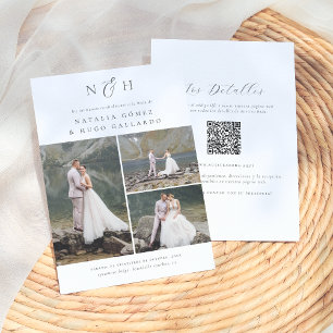 Monograma Código QR 3 Fotos Invitación de Boda Kaart