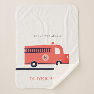 Monogramboeien van Cute Red Navy Fire Truck Engine Sherpa Deken