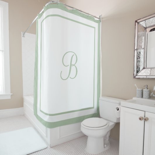 Monogrambrief Elegant Sage Green Border Script Douchegordijn (In situ)