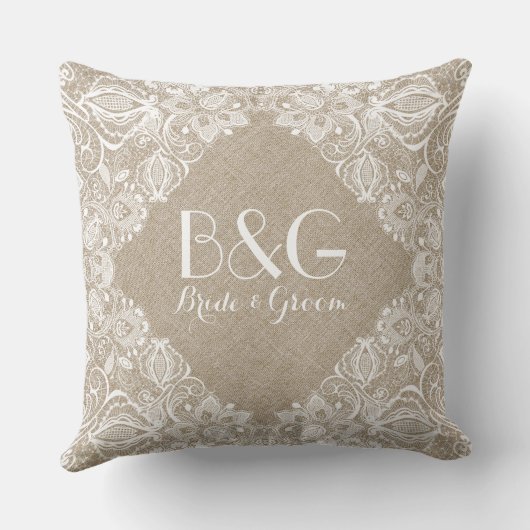 Monogramed beige linnen en wit kant Lijst 1a Kussen (Achterkant)