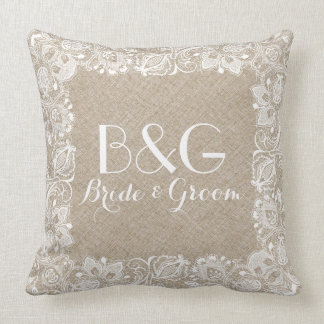 Monogramed beige linnen en wit kant Lijst Kussen