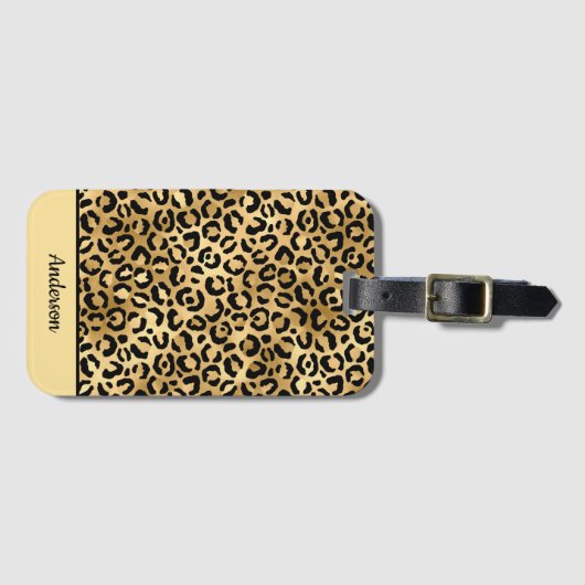Monogramed Black en Gold Leopard Print Cheetah Bagagelabel (Voorkant (horizontaal))